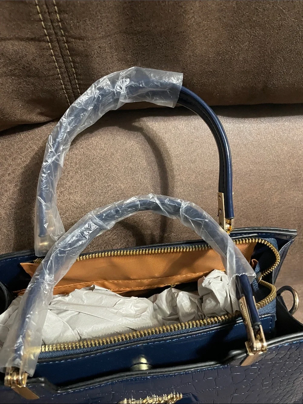 Croc-Embossed Navy Top-Handle Satchel with Removable Strap